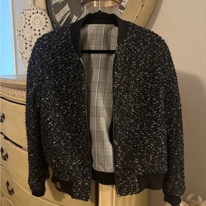 Alice and Olivia Black and White Textured Bomber Jacket
